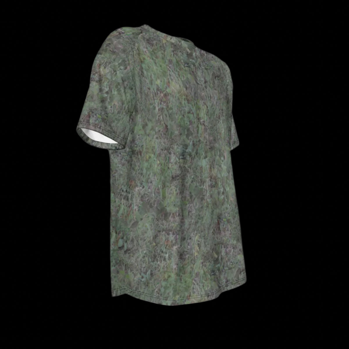 Right side of camouflage-patterned shirt on a black background