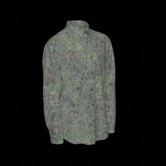 Right side of green patterned long sleeve shirt on a black background