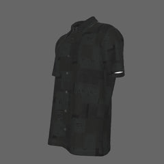Left side of a black textured short-sleeve button-down shirt on a black background
