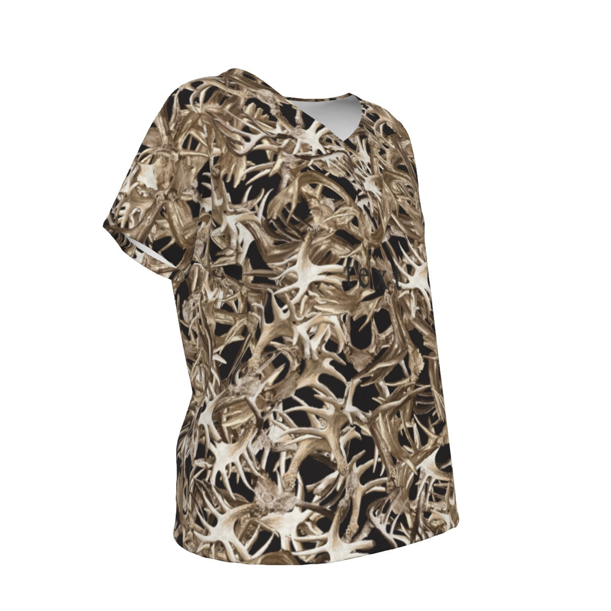 Women's V-Neck Short Sleeve T-shirt / Random Antler on Black Design