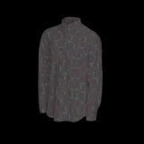 Left side of a dark patterned long sleeve shirt on a black background