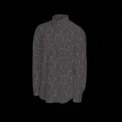 Left side of a dark patterned long sleeve shirt on a black background