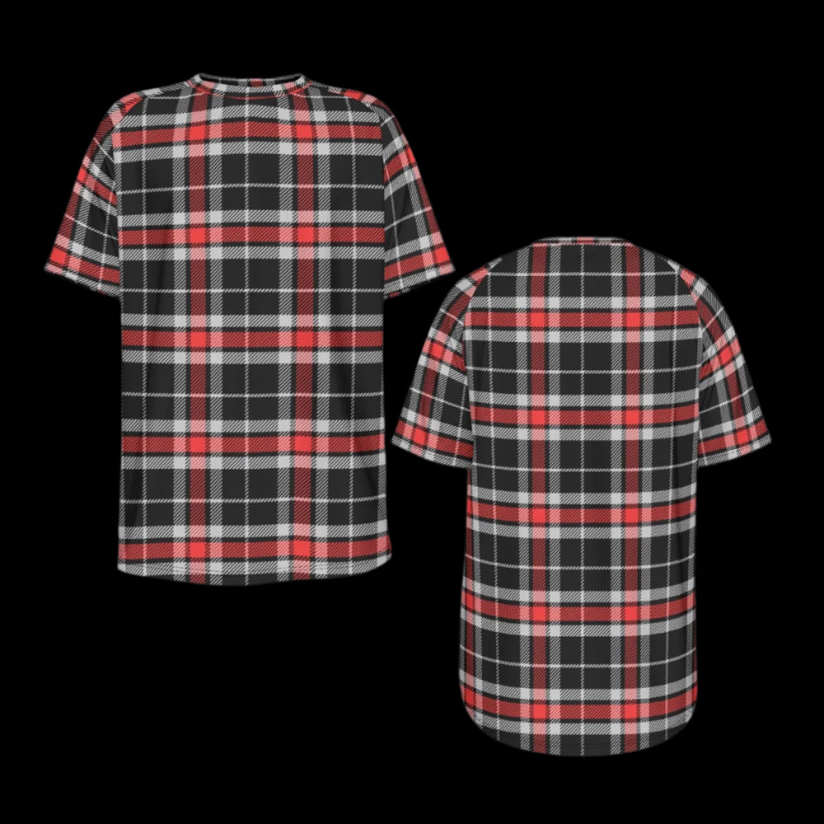 Front and back of plaid shirt with red, black, and white pattern on a black background