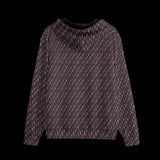 Back of a multicolored pattern hoodie on a black background