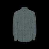 Front of a green textured long sleeve shirt on a black background