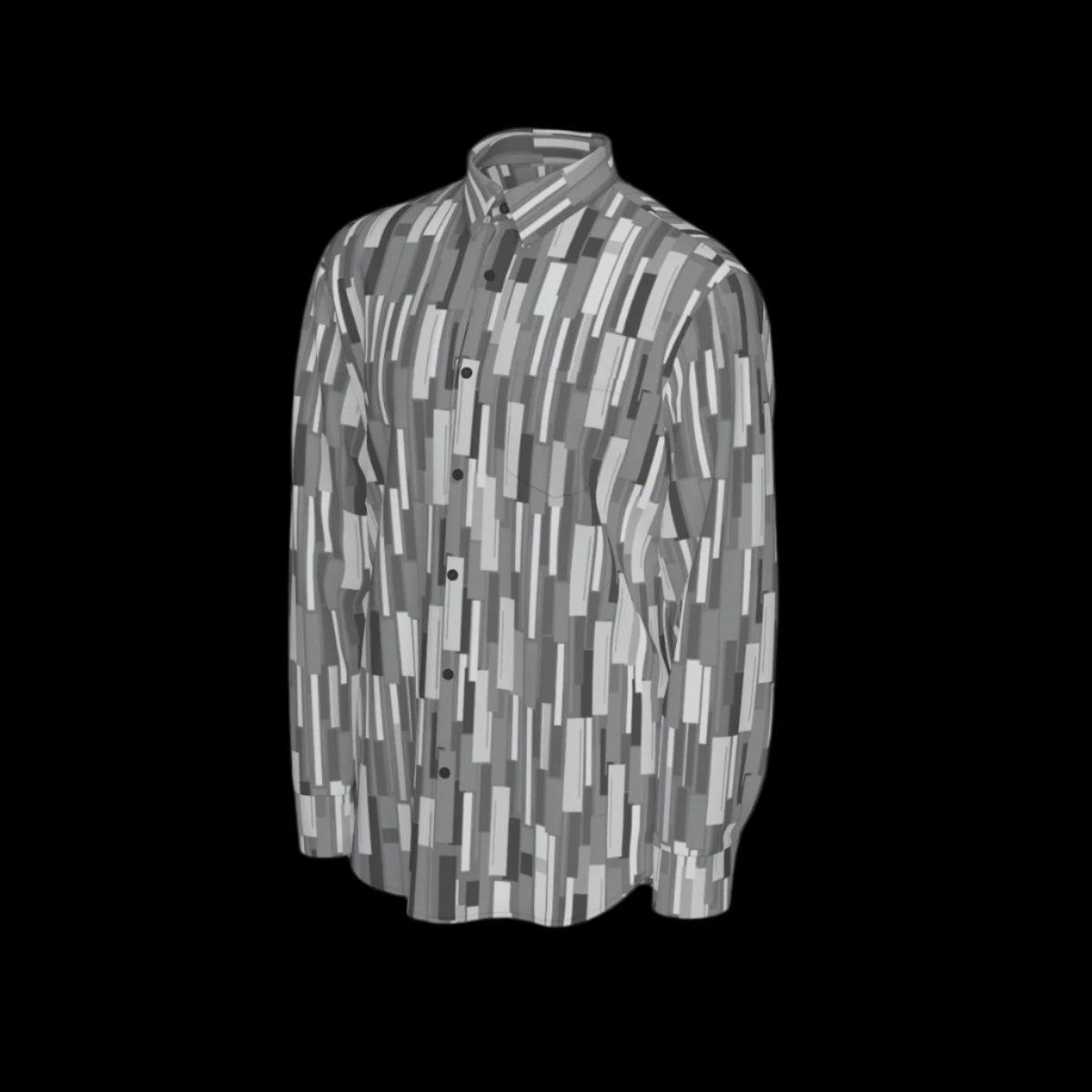 Left side of grey patterned long sleeve shirt on a black background