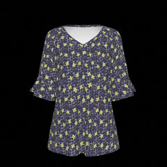 Front of navy blue blouse with yellow floral pattern on a black background