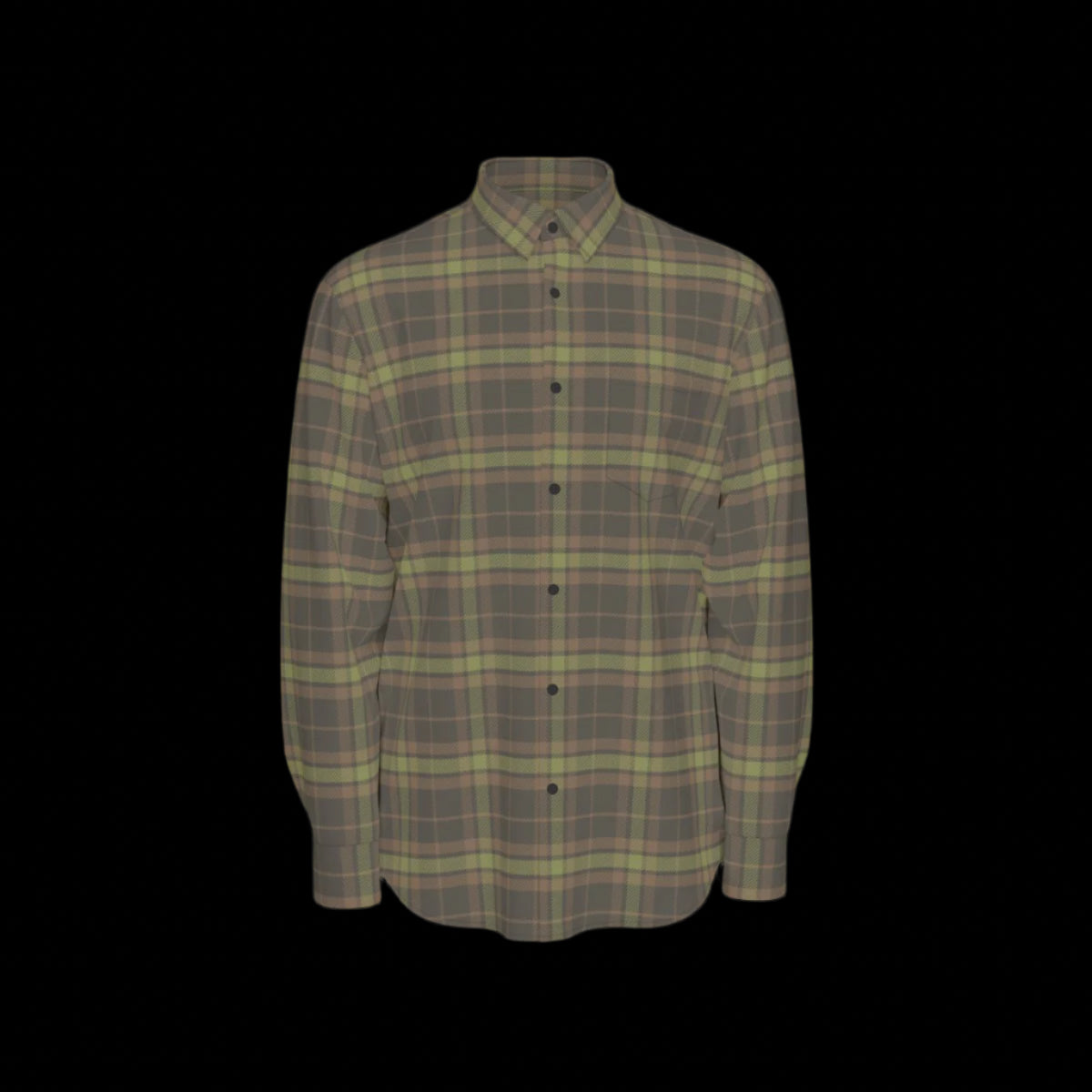 Front of a green plaid long sleeve shirt on a black background