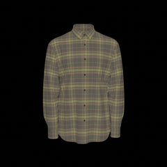Front of a green plaid long sleeve shirt on a black background