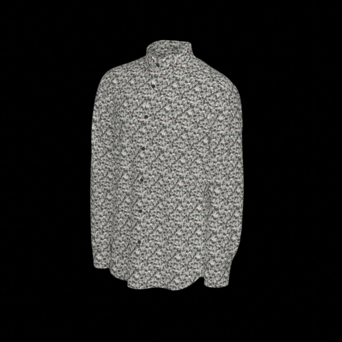 Left side of floral patterned long sleeve shirt on a black background