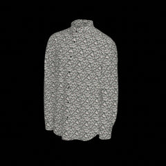 Left side of floral patterned long sleeve shirt on a black background