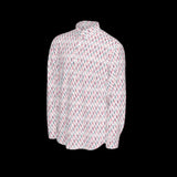 Left side of patterned long sleeve shirt on a black background