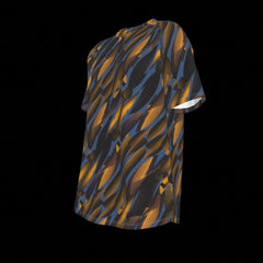 Left side of T-shirt with black and orange abstract pattern on a black background 