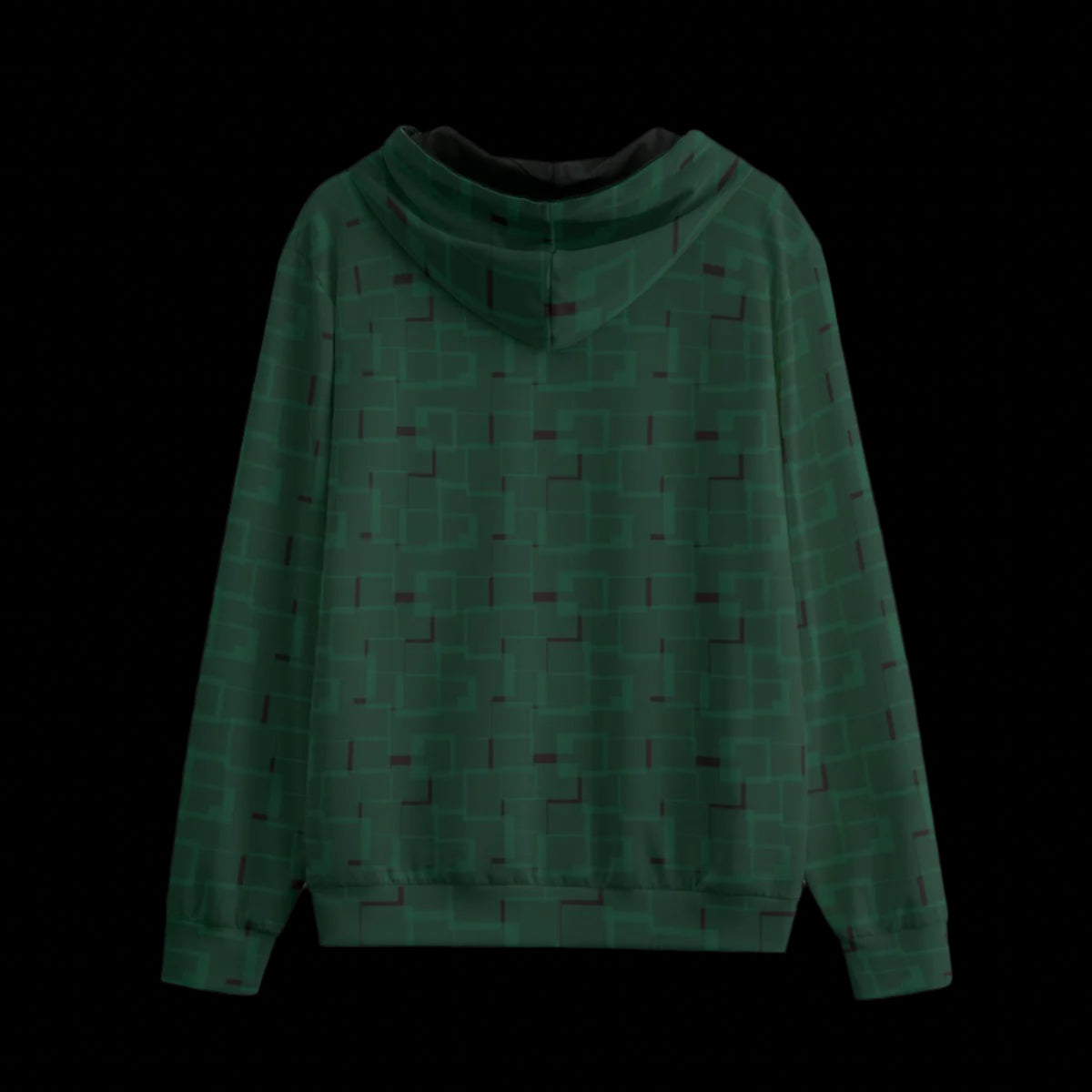 Back of green patterned hoodie on a black background