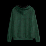 Back of green patterned hoodie on a black background