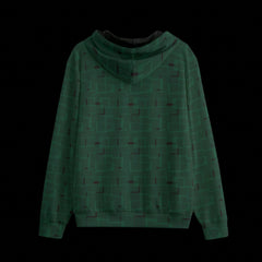 Back of green patterned hoodie on a black background