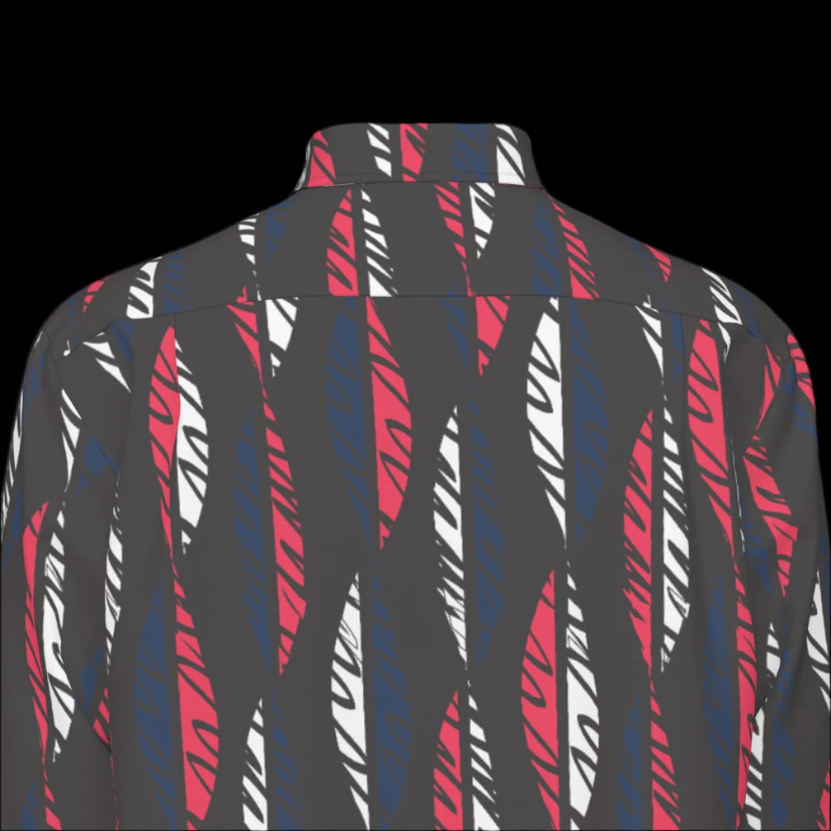 Top Back of black shirt with red and white pattern on a black background