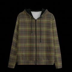 Front of black zipper hoodie with a plaid camouflage pattern on a black background