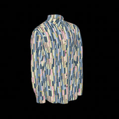 Right side of long-sleeve shirt with geometric pattern on a black background