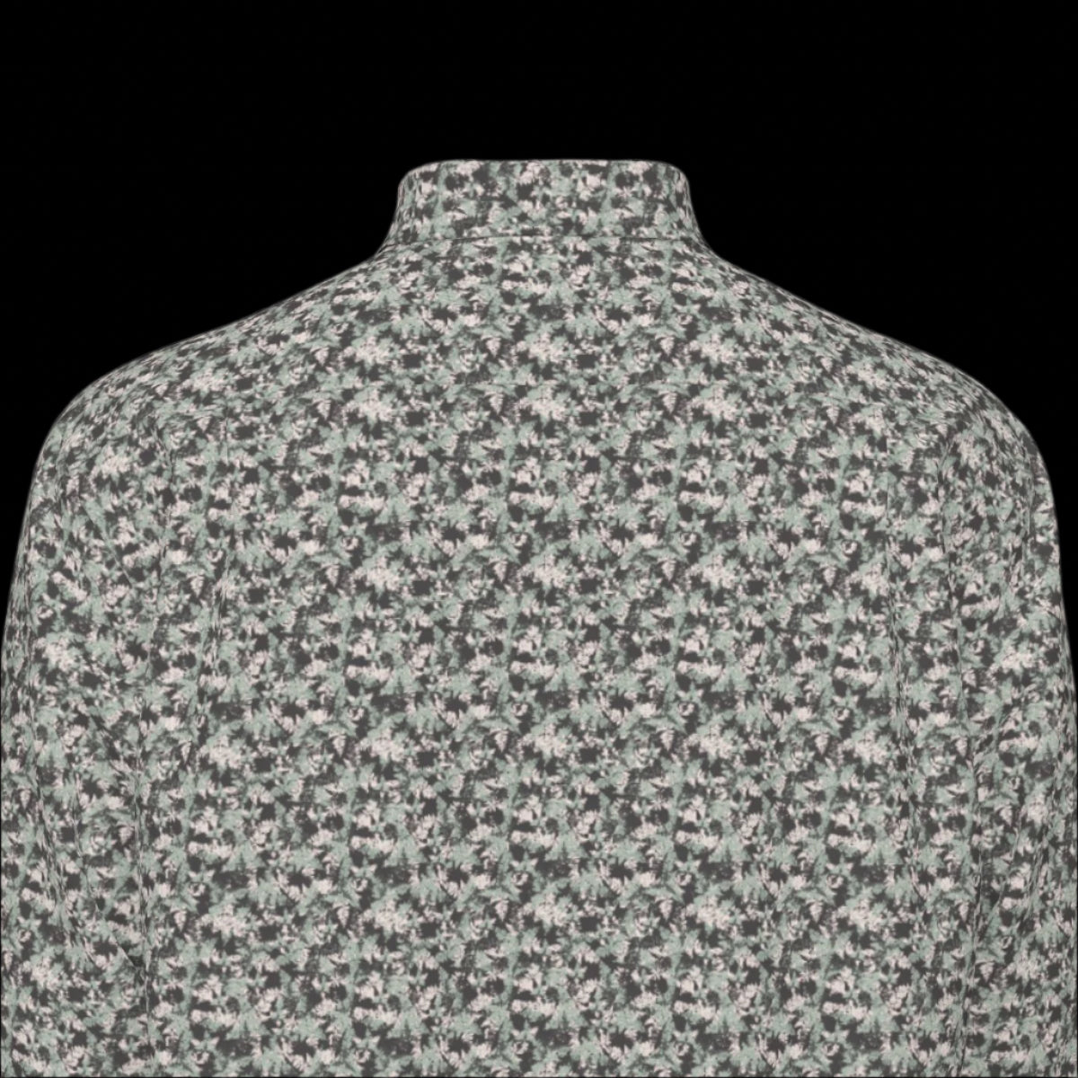 Top Back of floral patterned long sleeve shirt on a black background