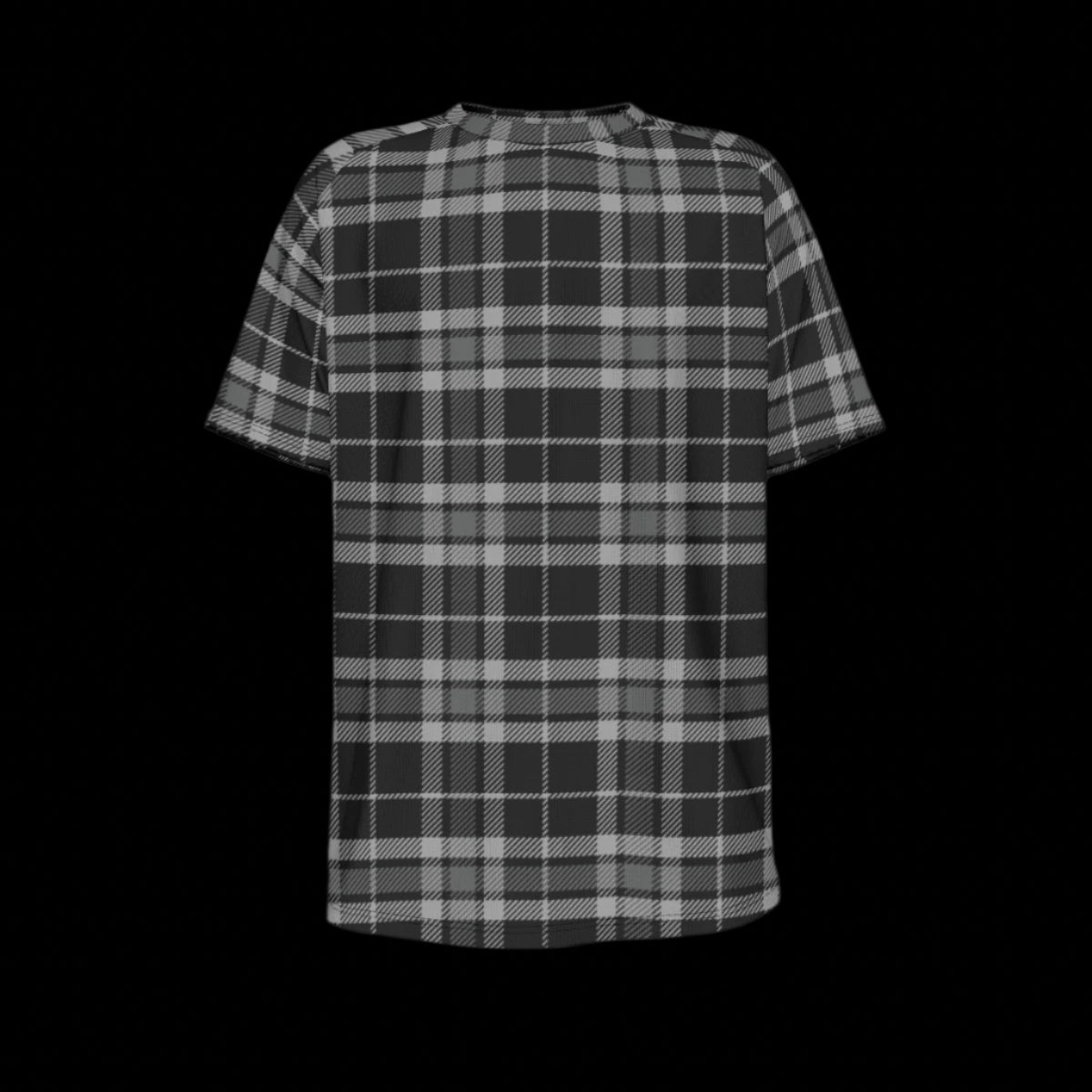 Front of black and white plaid T-shirt on a black background