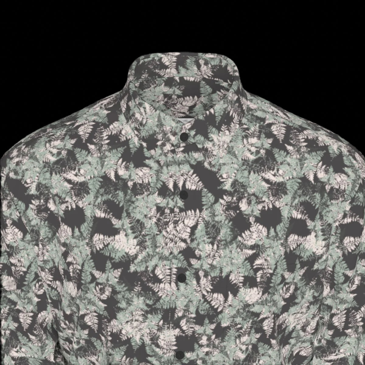 Top front of floral patterned long sleeve shirt on a black background