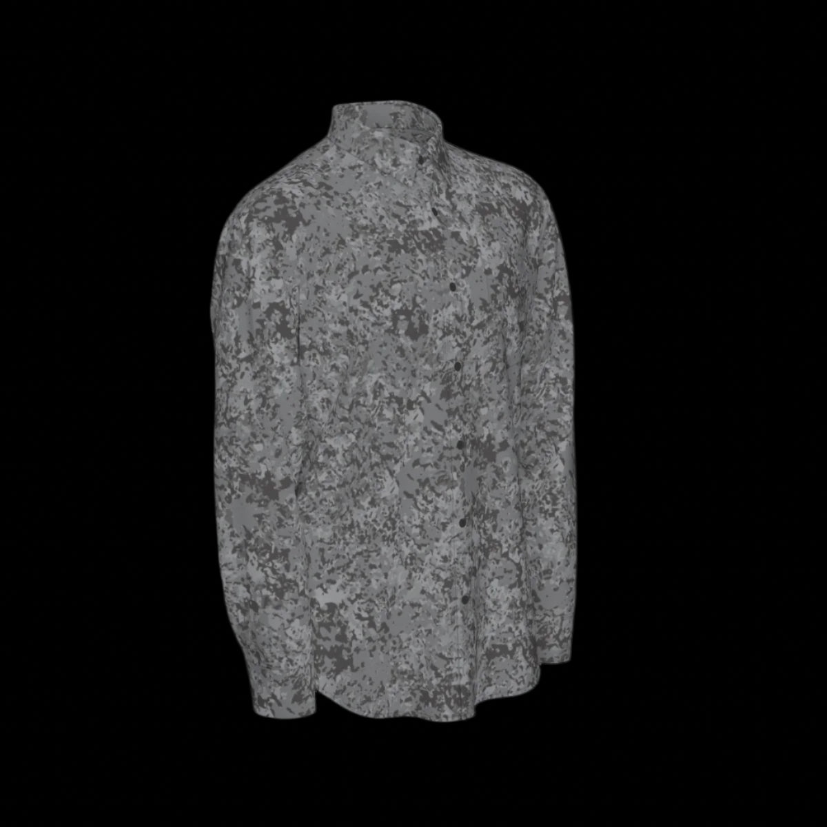 Right side of a gray patterned long sleeve shirt on a black background