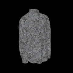 Right side of a gray patterned long sleeve shirt on a black background