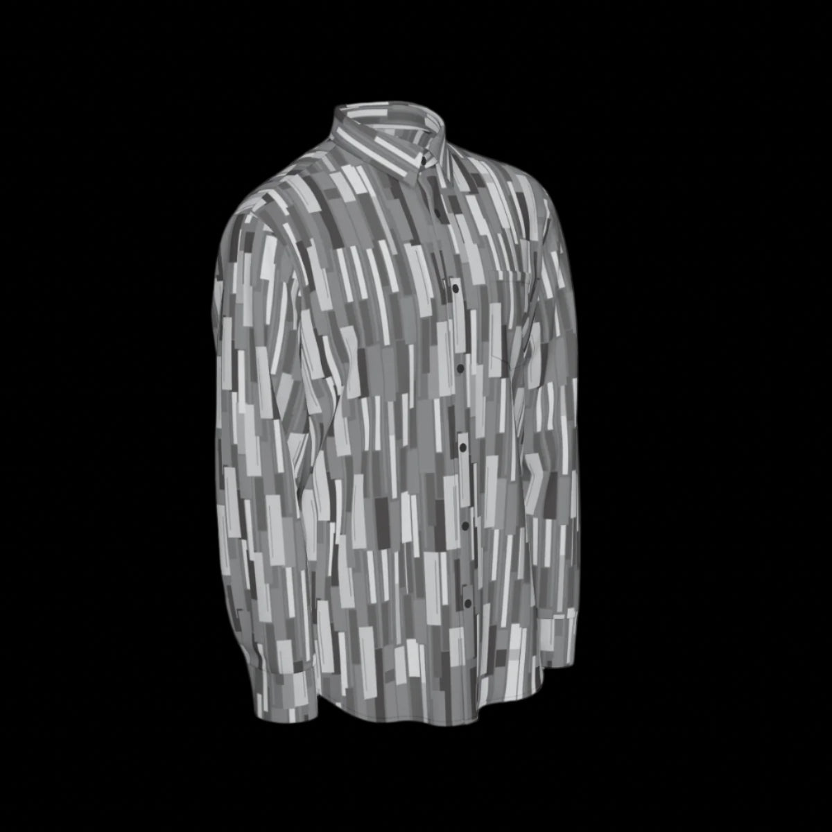 Right side of grey patterned long sleeve shirt on a black background