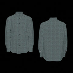 Front and back of a green textured long sleeve shirt on a black background
