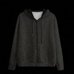 Front of a black patterned hoodie on a black background