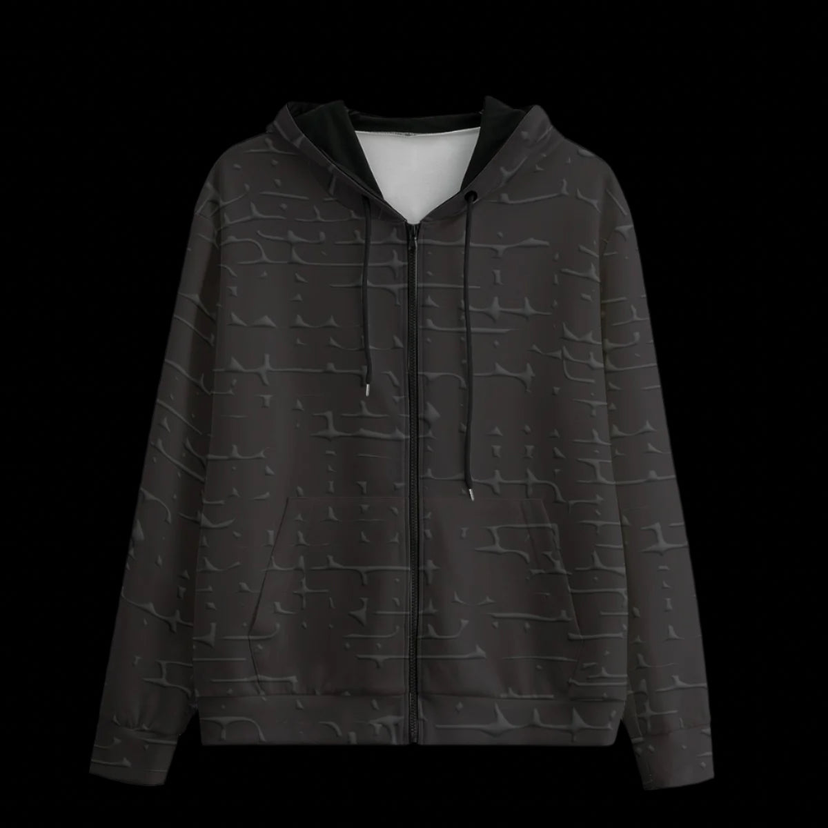 Front of a black zipper hoodie on a black background
