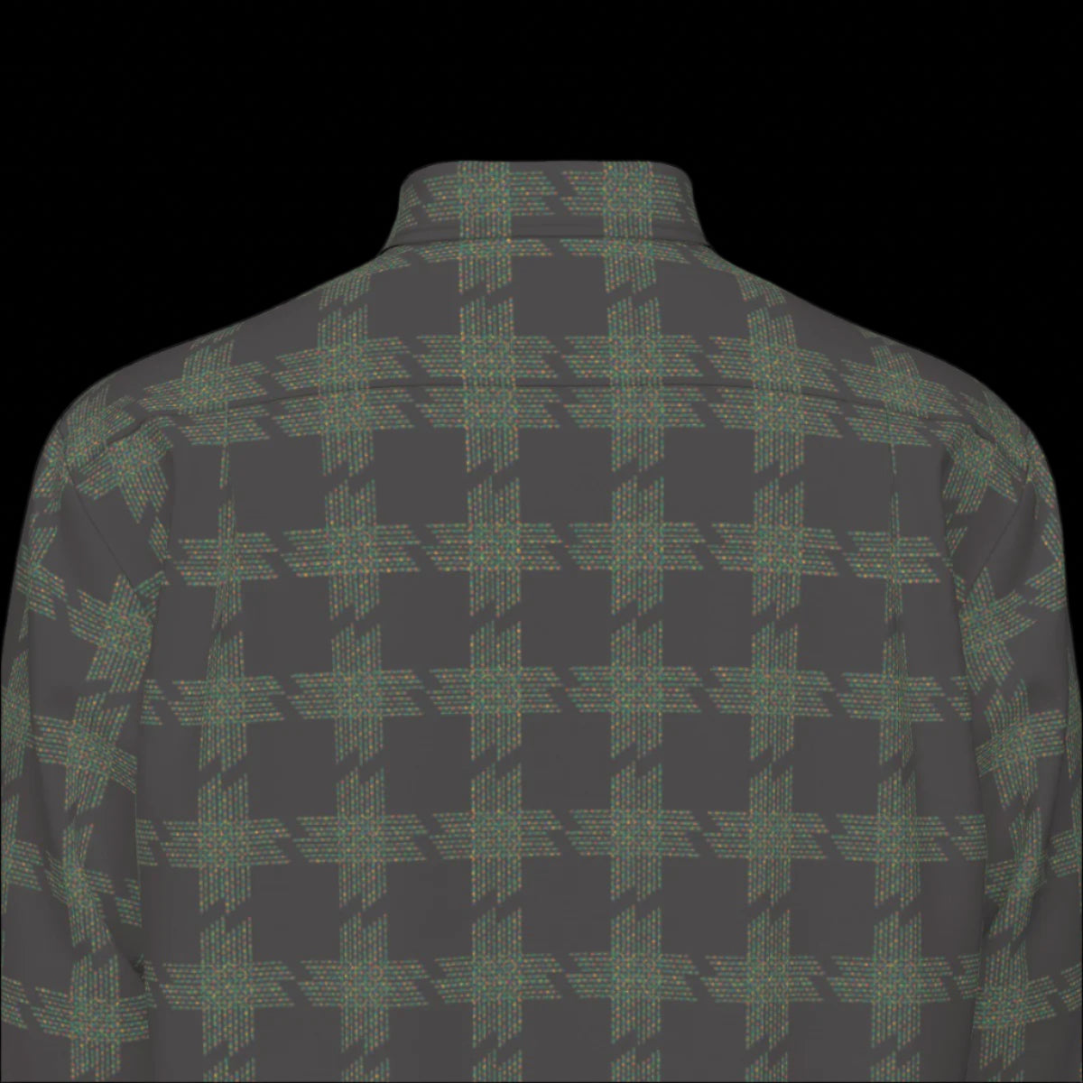 Top back of muted colorful plaid shirt on a black background