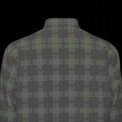 Top back of muted colorful plaid shirt on a black background