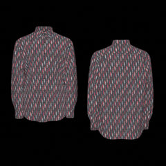 Front and back of a patterned long sleeve shirt on a black background