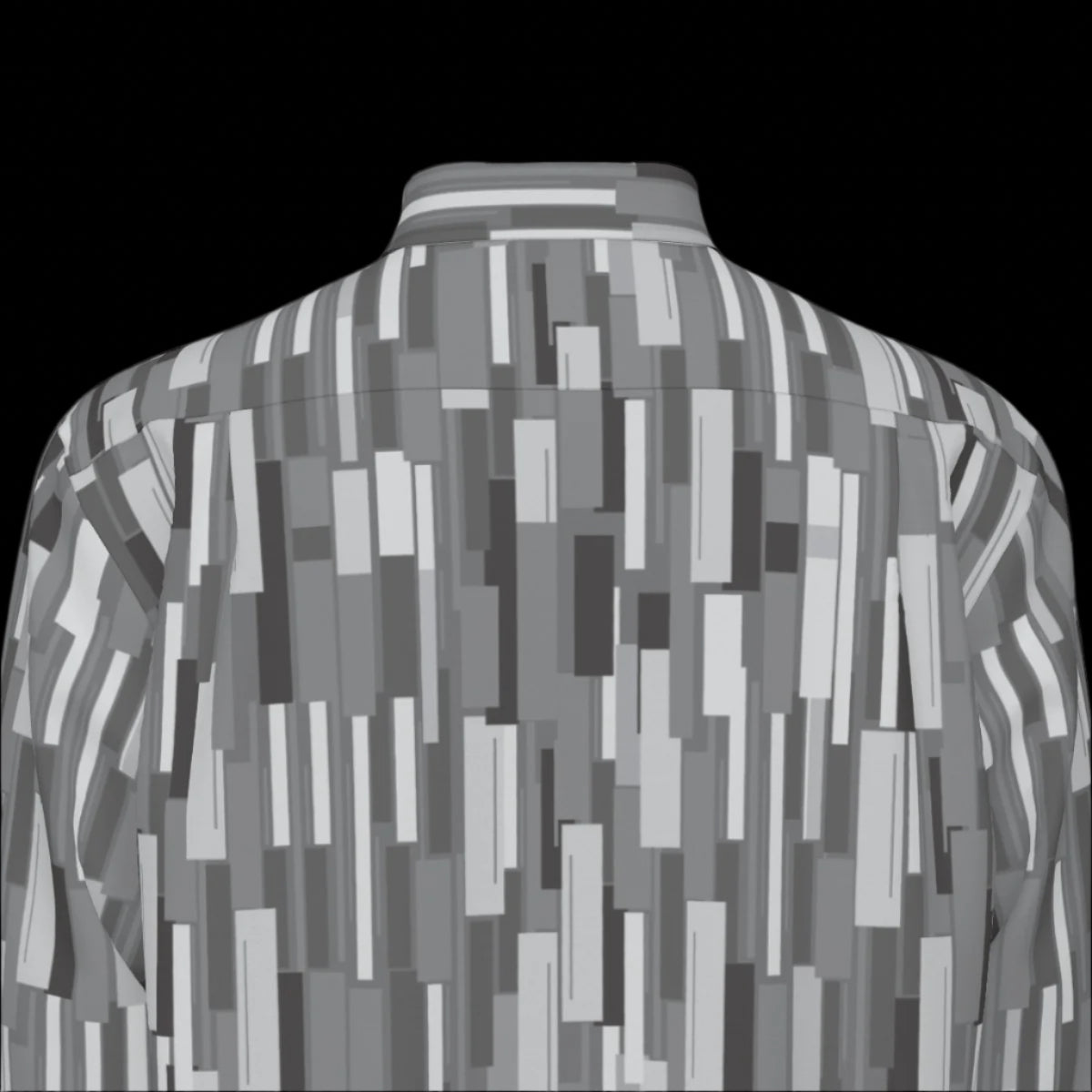 Top back of grey patterned long sleeve shirt on a black background