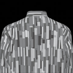 Top back of grey patterned long sleeve shirt on a black background