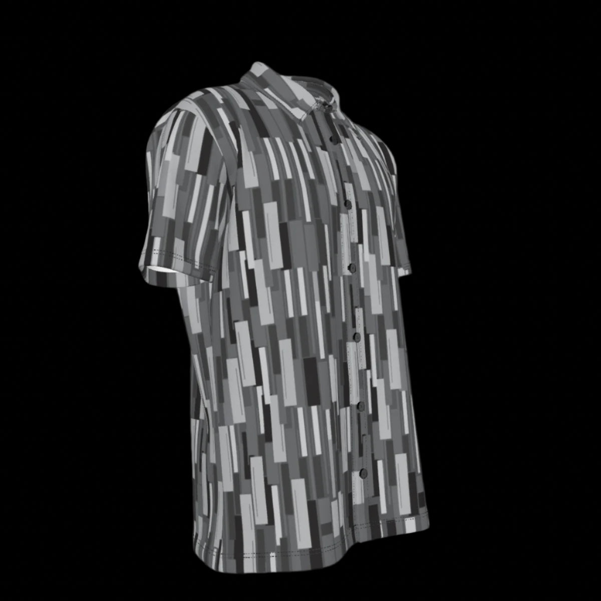 Right side of short-sleeve shirt with geometric pattern on a black background