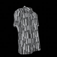 Right side of short-sleeve shirt with geometric pattern on a black background