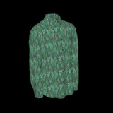 Right side of a green camouflage-patterned long sleeve shirt on a black background