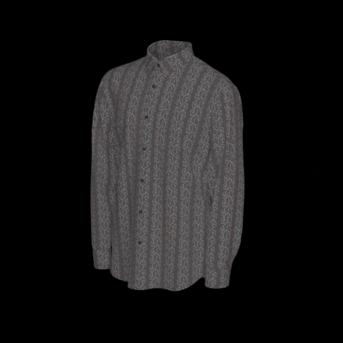Left side of a gray patterned short sleeve shirt on a black background