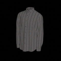 Left side of a gray patterned short sleeve shirt on a black background