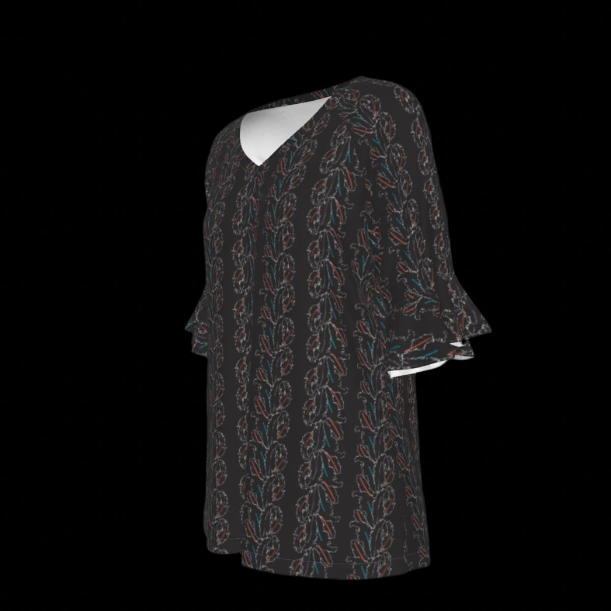 Left side of black patterned blouse on a black background
