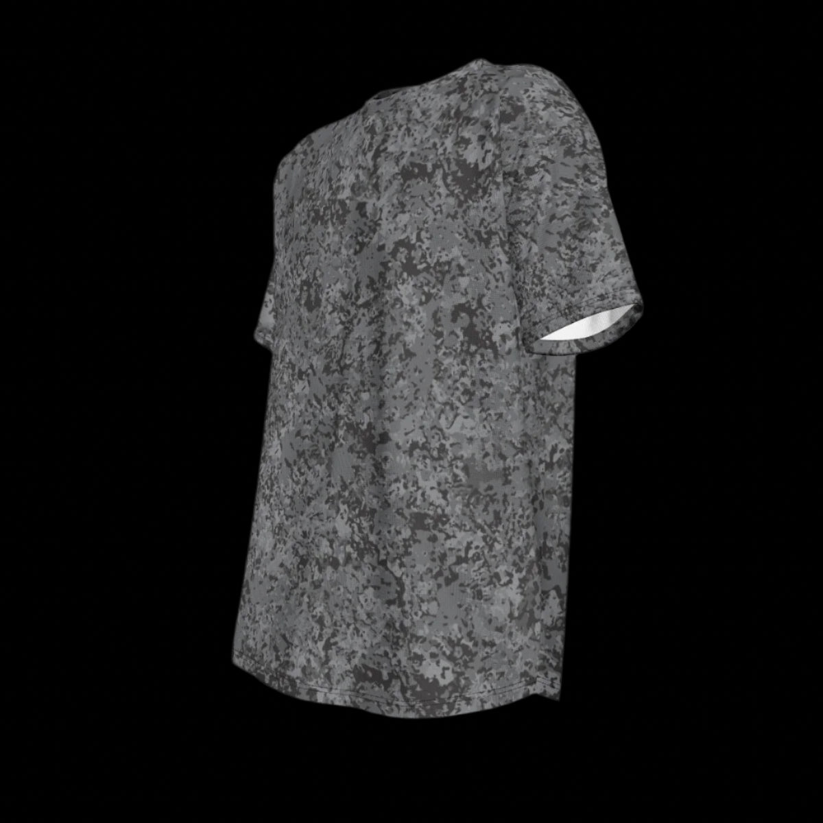 Left side of gray t-shirt with a subtle pattern on a black background