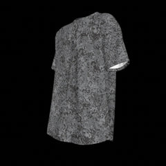 Left side of gray t-shirt with a subtle pattern on a black background