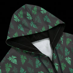 Front top of Hoodie with green leaf pattern on a black background