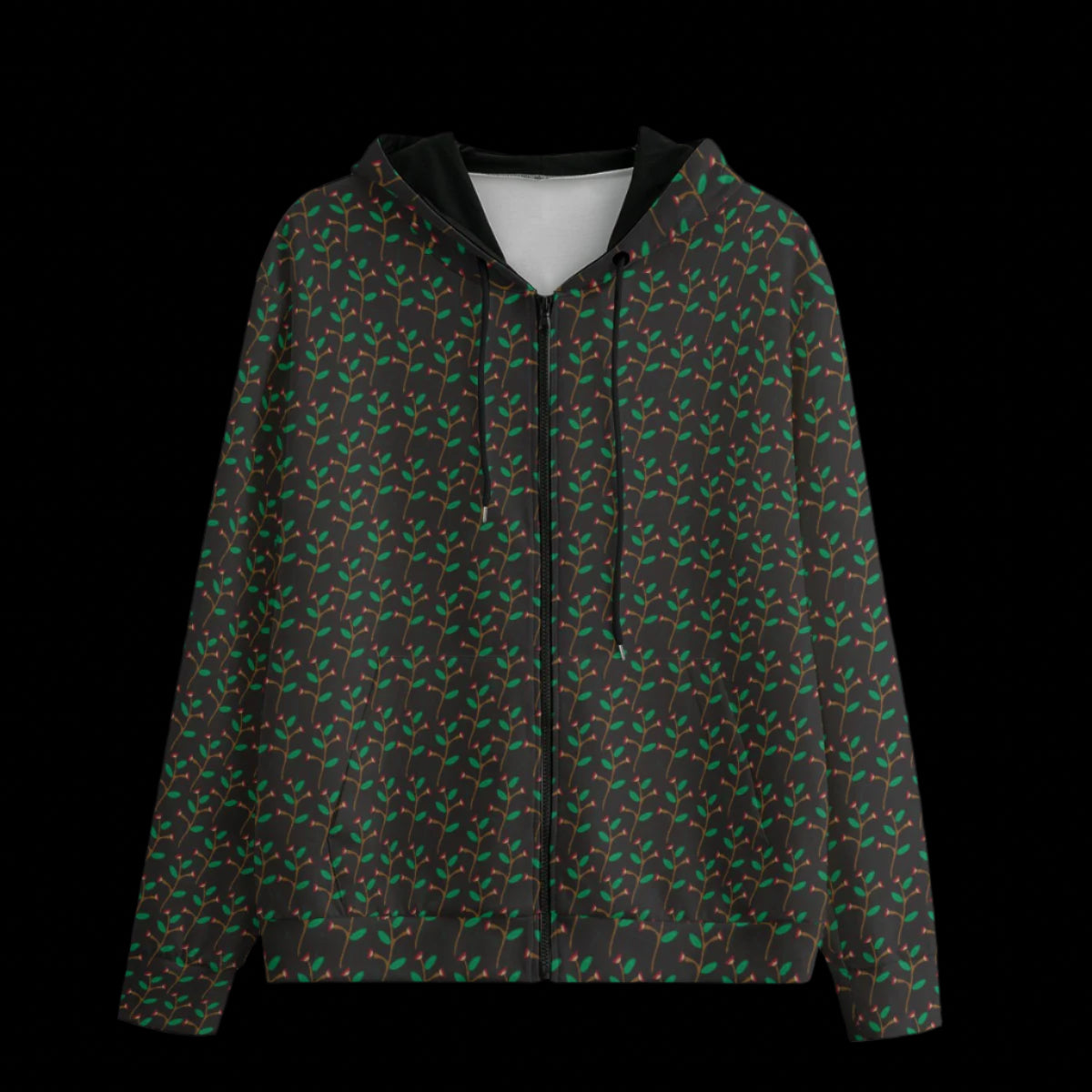 Front of hoodie with a dark leaf pattern on a black background