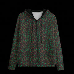 Front of hoodie with a dark leaf pattern on a black background