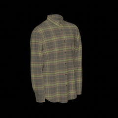 Right side of a green plaid long sleeve shirt on a black background
