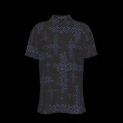 Front of black shirt with blue intricate patterns on a black background